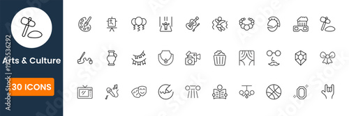 Flat arts and culture icon collection with creative performance, museum and heritage symbols clean modern vector set