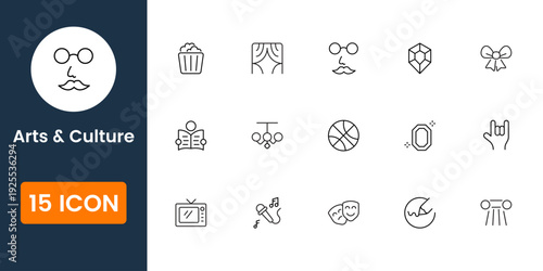 Professional arts and cultural icon pack featuring heritage, performance, museum and creative industry symbols vector illustration