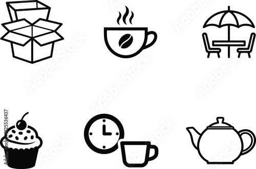 Black and white line icons of food and drink items and tableware on white background