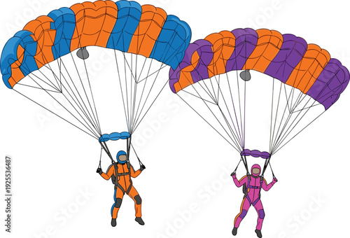 Colorful Parachuting Skydivers Vector Illustration with Orange Blue and Purple Parachutes Isolated on White Background for Adventure Sports Design