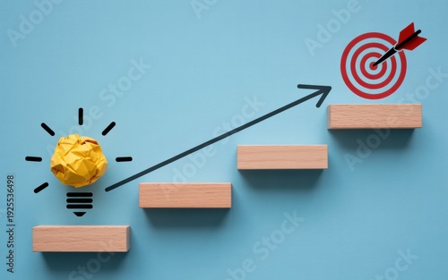 Progressive Path from Crumpled Idea Lightbulb Through Steps to Archery Target, Illustrating Goal-Oriented Success and Strategy.