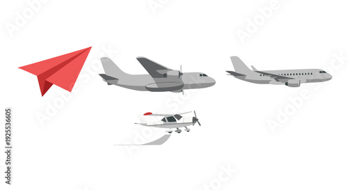 Diverse collection of aircraft illustrations red paper plane grey cargo plane passenger jet and small white propeller plane.