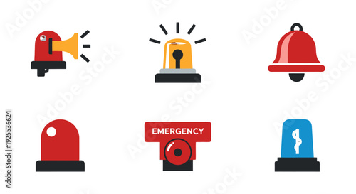 Diverse flat design emergency and alarm icons set featuring red yellow and blue sirens a bell and an emergency button.