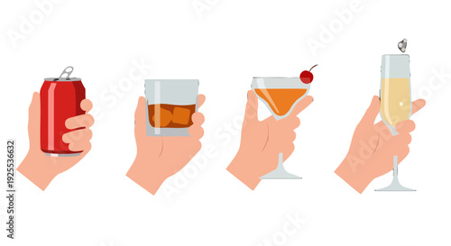 Diverse cartoon hands holding various beverages red soda can whiskey cocktail and sparkling champagne flute.