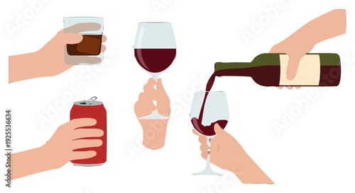 Diverse hands holding drinks whiskey glass red wine glass soda can and pouring wine flat vector style.