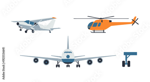 Diverse Flat Design Aircraft Illustrations Propeller Plane Orange Helicopter and Large Passenger Jet.