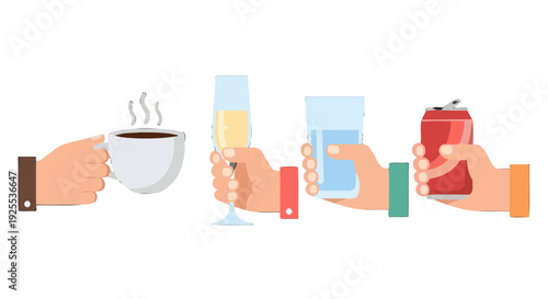 Diverse hands holding various beverages hot coffee champagne water and soda can in a flat vector style.