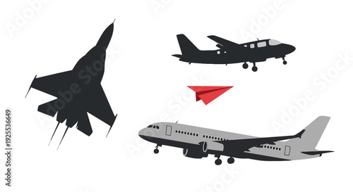 Dynamic Aircraft Silhouettes Fighter Jet Propeller Plane Passenger Jet and Red Paper Plane.