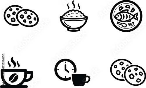 Food and drink icons including cookies bowl of rice fish plate coffee cup and clock