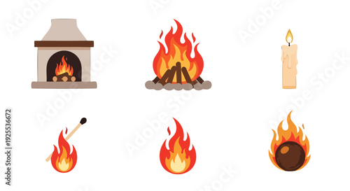 Flat cartoon fire illustrations set fireplace campfire burning candle lit match flame fiery object.
