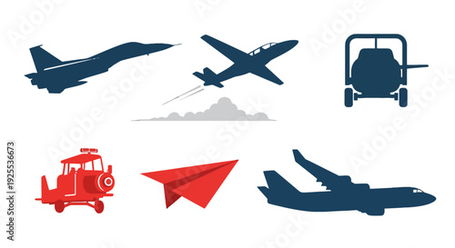 Dynamic vector silhouettes of diverse aircraft fighter jet propeller plane airliner paper plane and airport ground vehicle.
