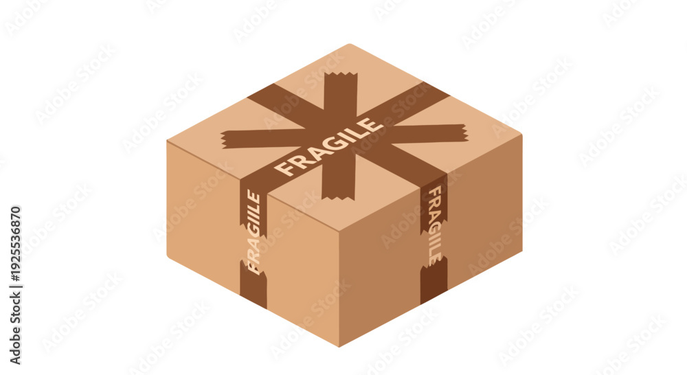Obraz premium Isometric brown cardboard box securely sealed with FRAGILE tape a delivery package.
