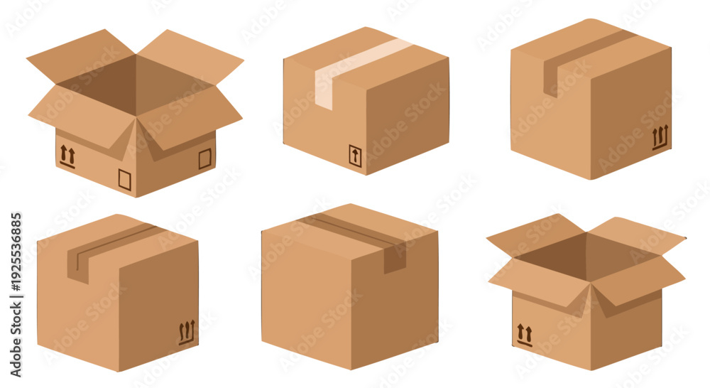 Fototapeta premium Isometric brown cardboard boxes set some open some sealed with tape and shipping symbols for delivery.