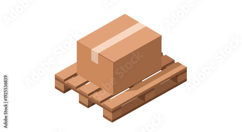Isometric brown cardboard box sealed with white tape resting on a wooden shipping pallet.