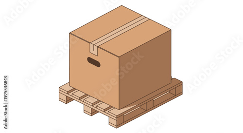 Isometric brown cardboard box on wooden pallet sealed with tape and featuring handle cutouts.