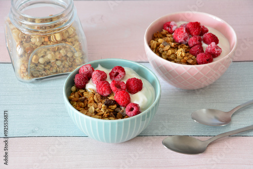 blue and pink bowls with Granola with Yogurt and Raspberries for Breakfast