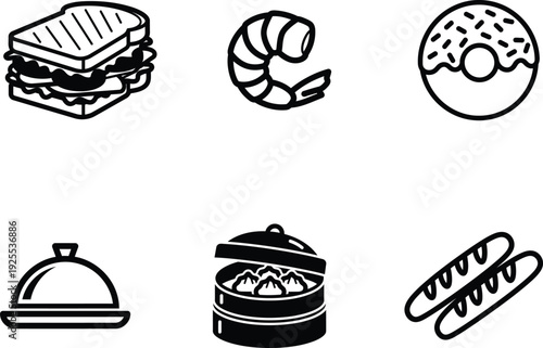 Food icons including sandwich shrimp donut covered dish steamer and baguette