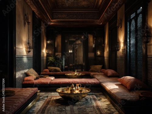 A room with a gold bowl on the floor and a gold lamp