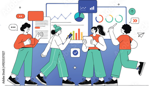 Team Collaboration Analyzing Business Data Dashboard Illustration