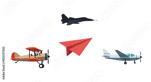 Stylized aircraft collection biplane jet paper plane propeller plane diverse aviation illustration.