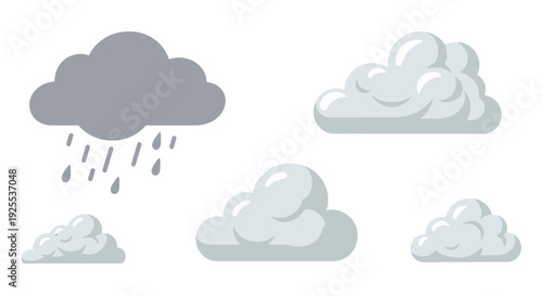 Stylized cartoon weather clouds collection featuring a dark gray rain cloud and fluffy light gray cumulus shapes.