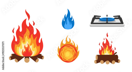 Stylized Fire Icons Collection Campfires Blue Gas Flame and Abstract Fiery Orb.