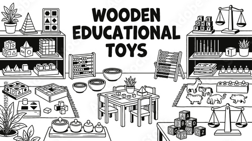 wooden educational toys arranged in a montessori classroom representing early childhood learning creativity skill development and natural play environment