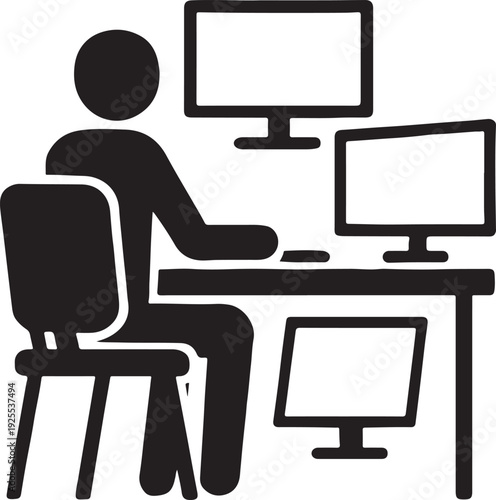 Office worker at desk with multiple screens, productive pose outline silhouette.