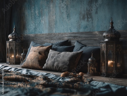 A bed with pillows and lanterns on it