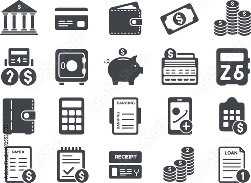 Collection of finance and banking icons in dark gray silhouette