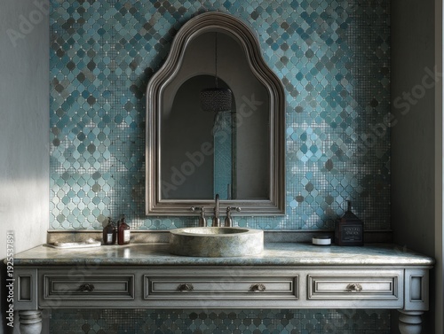 A bathroom with a sink and mirror