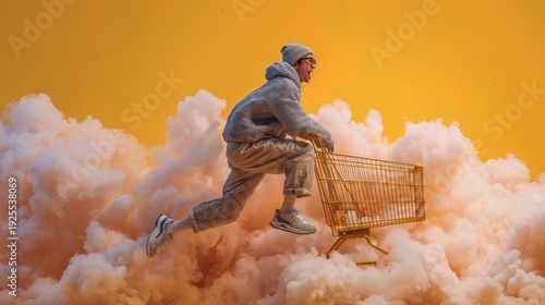 Man running with shopping cart through clouds on yellow background, symbolizing fast shopping, consumerism, and surreal retail concept.