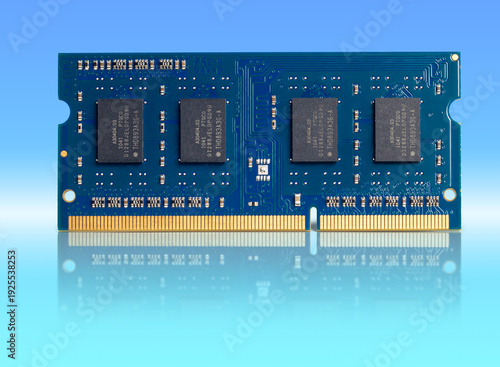 Memory module shown in front of a blue background illustrating DRAM technology and the current shortage issue