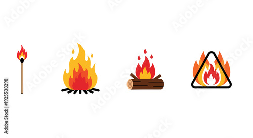 Vibrant flat design fire icons burning match two campfires with logs and a triangular hazard symbol.