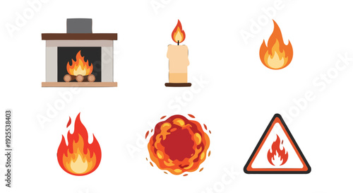 Vibrant stylized fire illustrations burning fireplace candle warning sign and dynamic flame icons set.