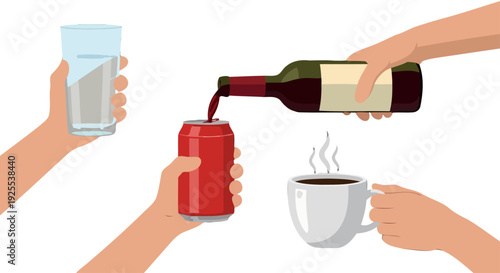 Cartoon hands holding various drinks water glass red soda can steaming coffee mug and wine bottle pouring illustration.