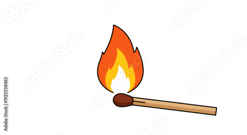 Cartoon Lit Matchstick with Vibrant Orange and Yellow Flame Simple Illustration.