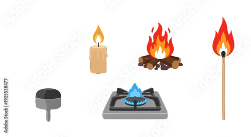 Collection of burning fire sources a melting candle crackling campfire lit match blue gas stove flame and a fire snuffer.