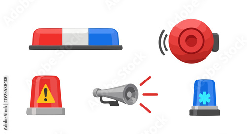 Collection of Emergency and Warning Signal Icons Lights Bell and Megaphone Illustrations.