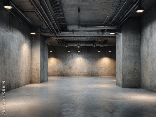 A large, empty room with a concrete ceiling and floor