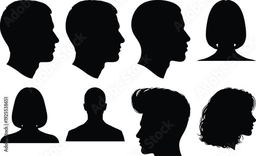 Silhouettes of diverse human profiles showcasing various hairstyles and head orientations