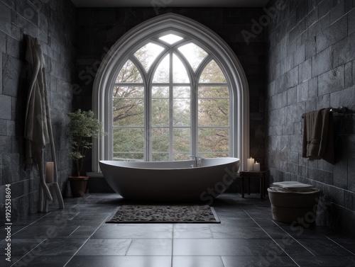A large bathtub with a window above it