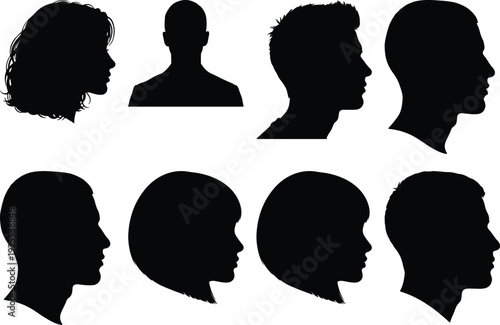 Collection of diverse silhouette profiles showcasing different human head orientations and styles