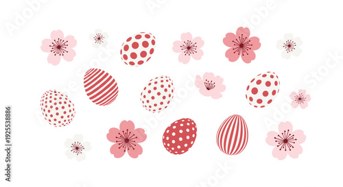 Several pink and red patterned Easter eggs are scattered among cherry blossom flowers and buds on a solid white background in a horizontal layout.