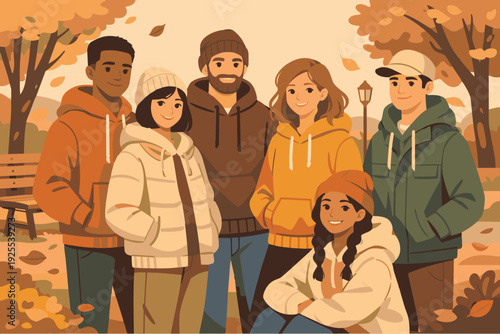 Multiethnic young adults wearing hoodies and beanies in a park. Modern flat design illustration focusing on inclusivity, seasonal fashion, and friendship in an autumn setting.