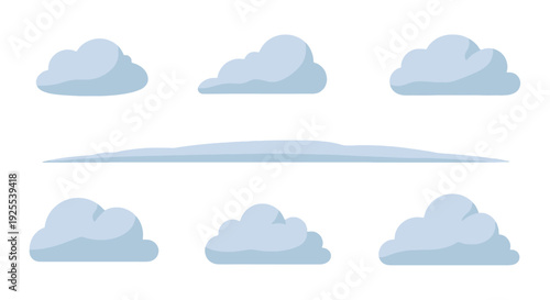 Stylized light blue cartoon clouds set with soft edges and a long wisp.