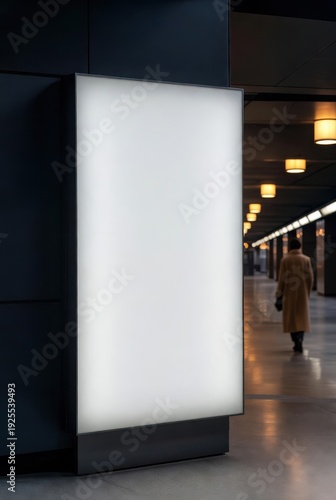 Large Vertical Lightbox Signage Mockup in Modern Subway Passage with Blurred Commuter Figure and Warm Ambient Interior Lighting for Public Transport Wayfinding and Urban Ad Campaigns