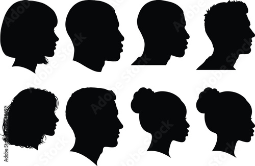 Diverse silhouettes of human profiles in black and white