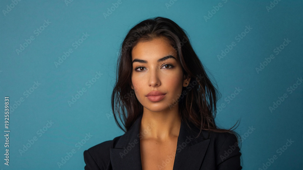 Fototapeta premium Elegant portrait of a sophisticated young woman wearing a black blazer against a solid blue background