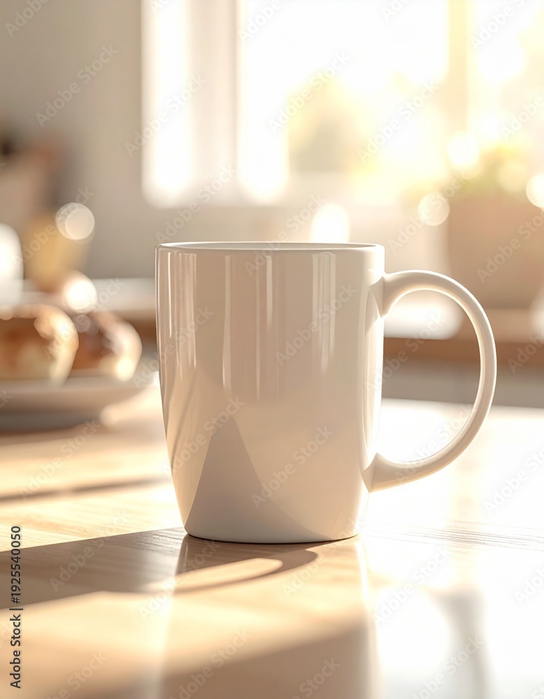 Fototapeta premium White Ceramic Mug on Table in Sunny Bright Kitchen Interior